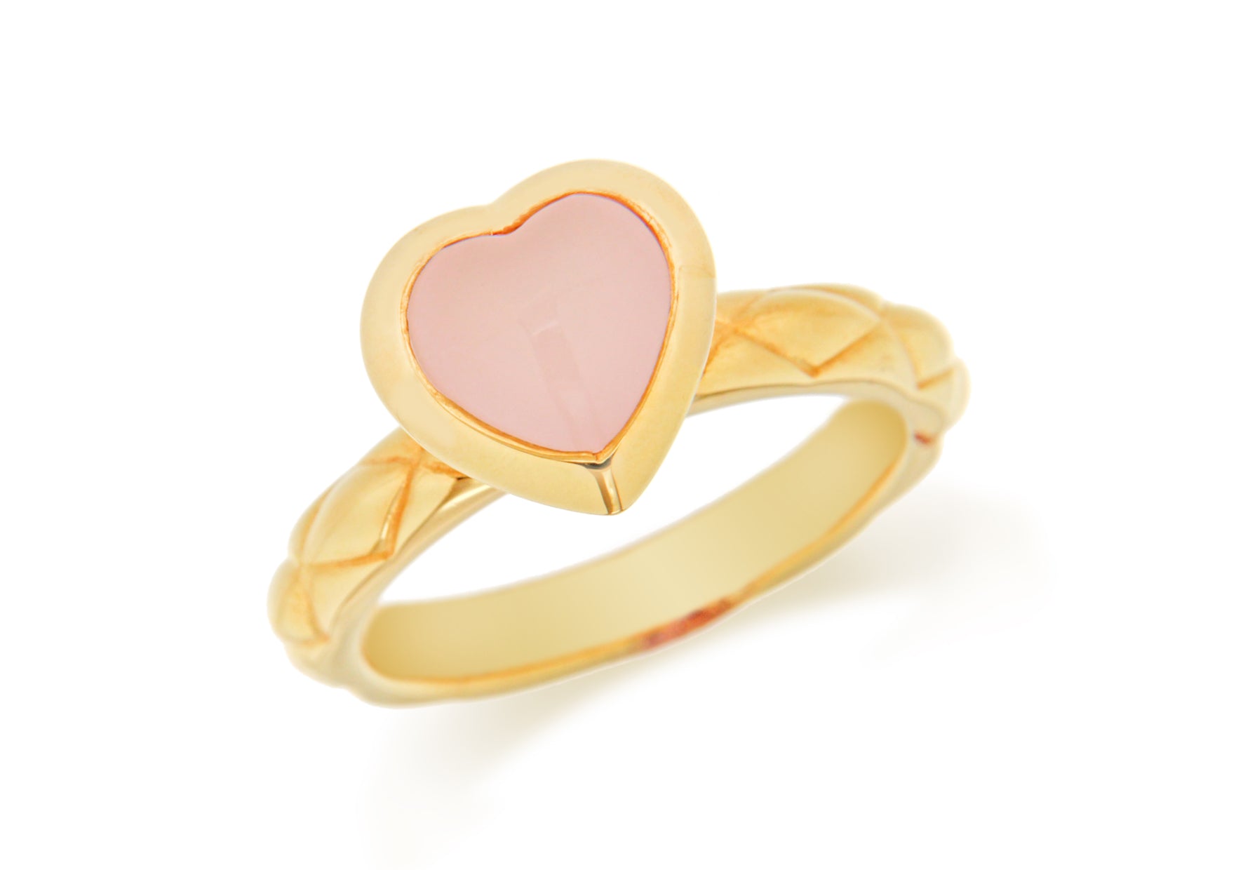 Sterling Silver Yellow Gold Plated Pink Opaque Crystal Heart Patterned Stacking Ring