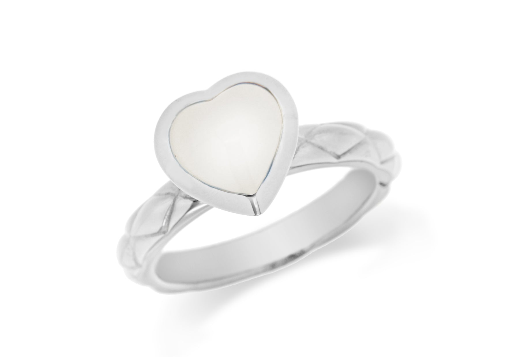 Sterling Silver Rhodium Plated White Opaque Crystal Heart Patterned Stacking Ring