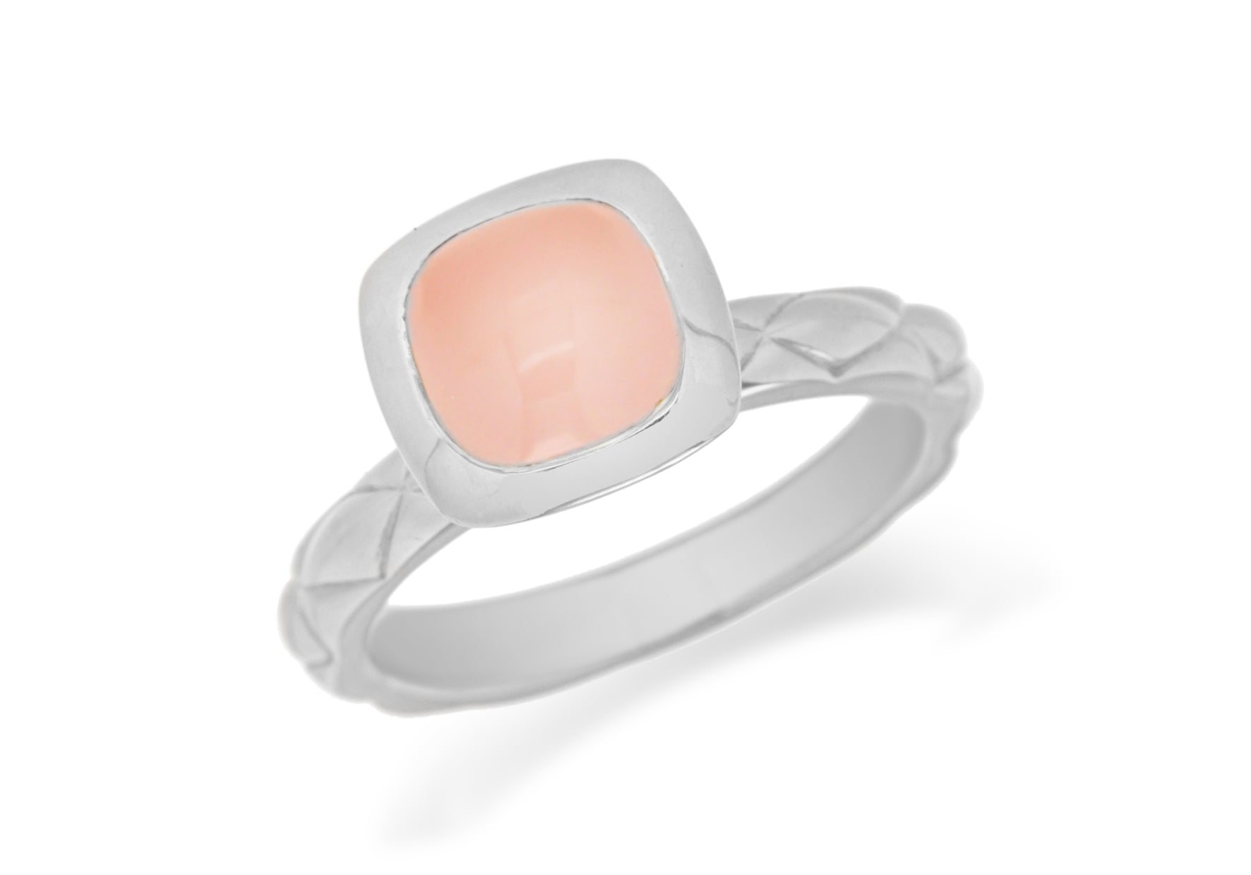 Sterling Silver Rhodium Plated Square Pink Opaque Crystal Patterned Stacking Ring