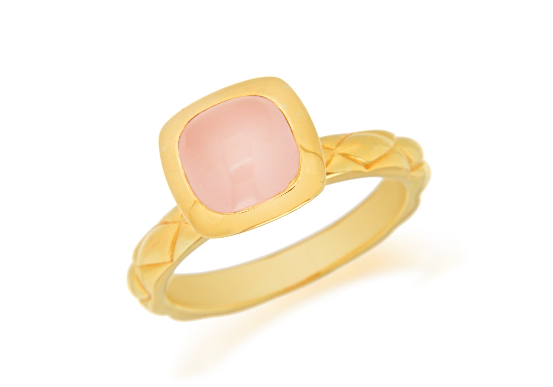 Sterling Silver Yellow Gold Plated Square Pink Opaque Crystal  Patterned Stacking Ring