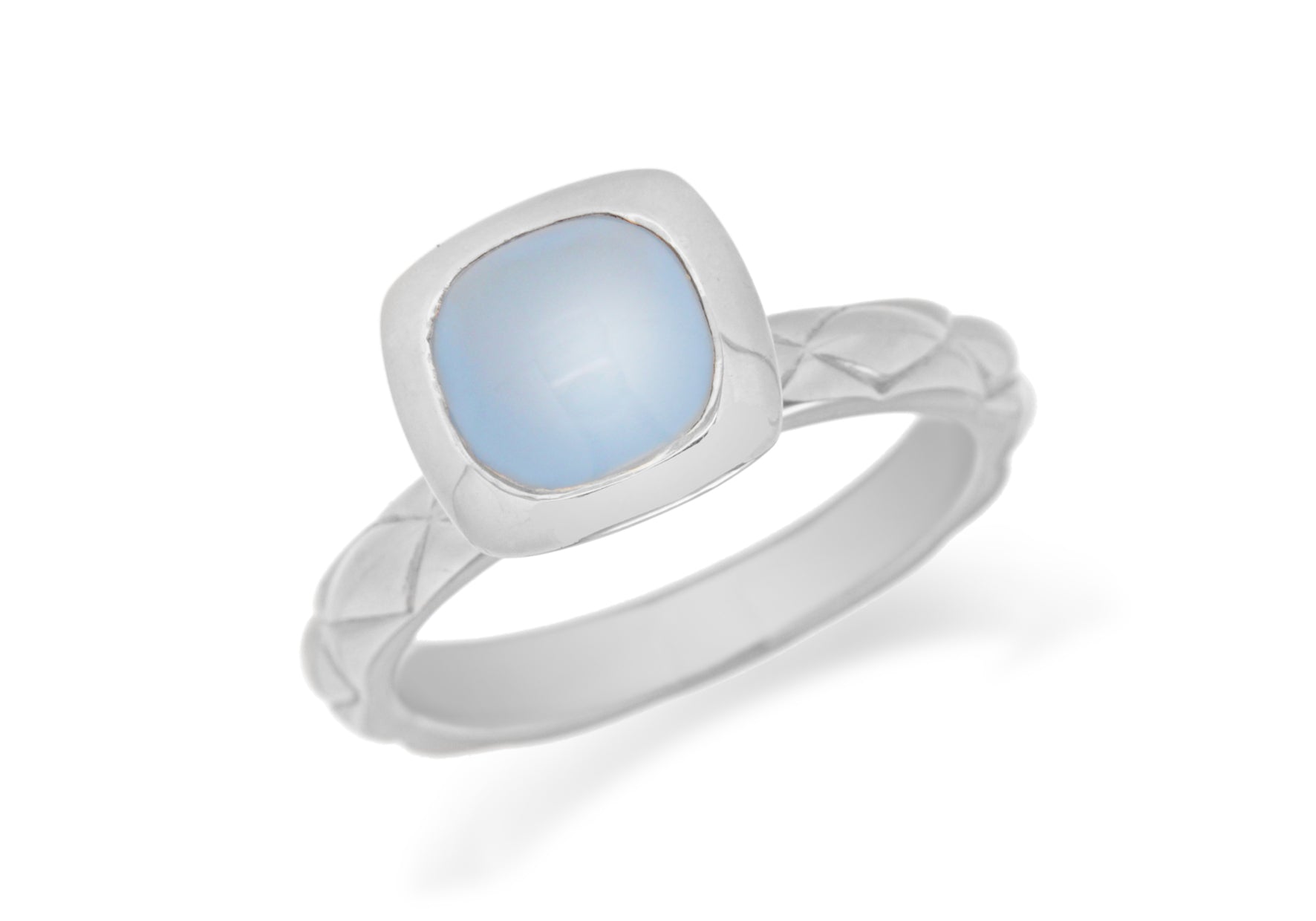 Sterling Silver Rhodium Plated Square Blue Opaque Crystal Patterned Stacking Ring