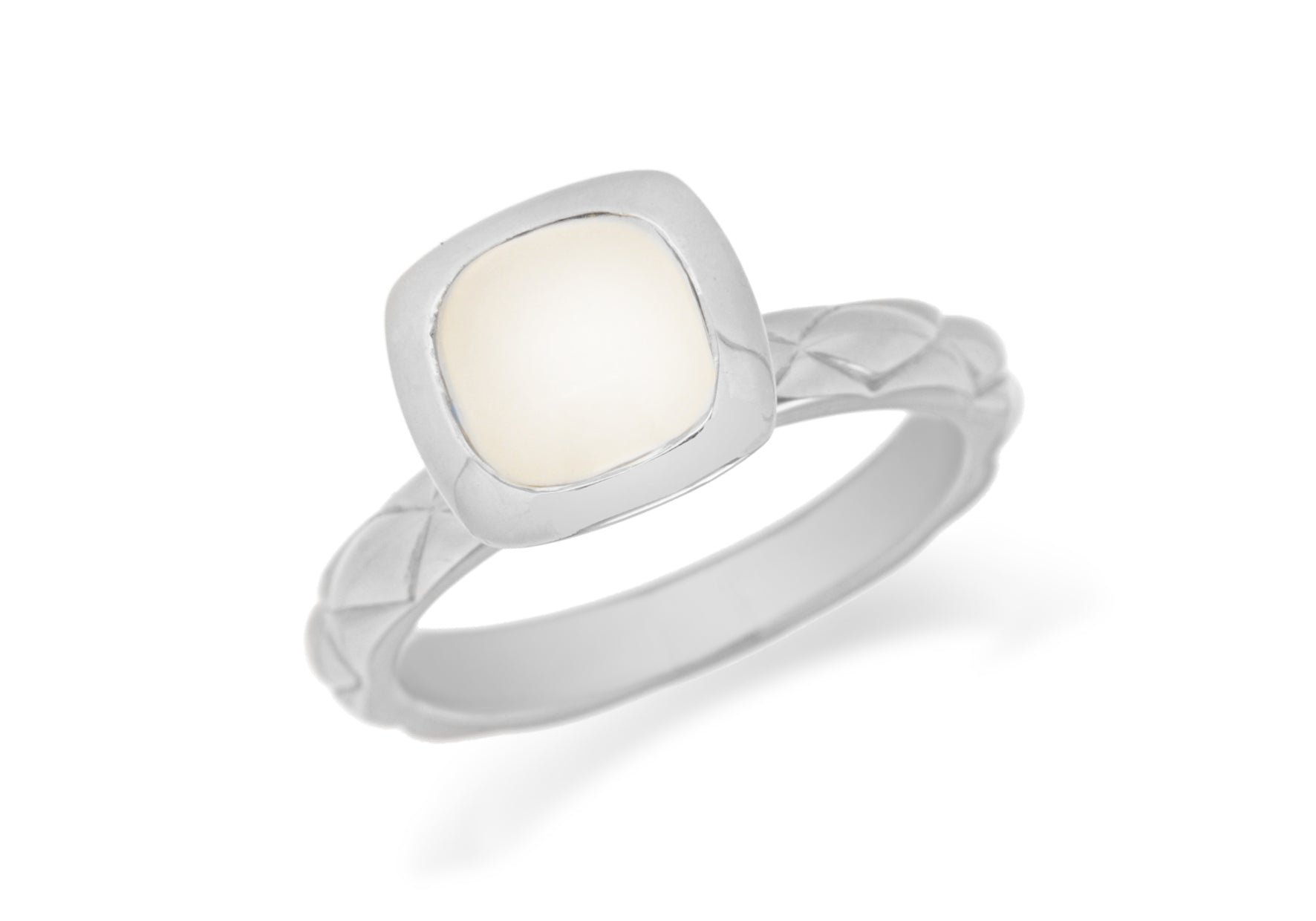 Sterling Silver Rhodium Plated Square White Opaque Crystal Patterned Stacking Ring