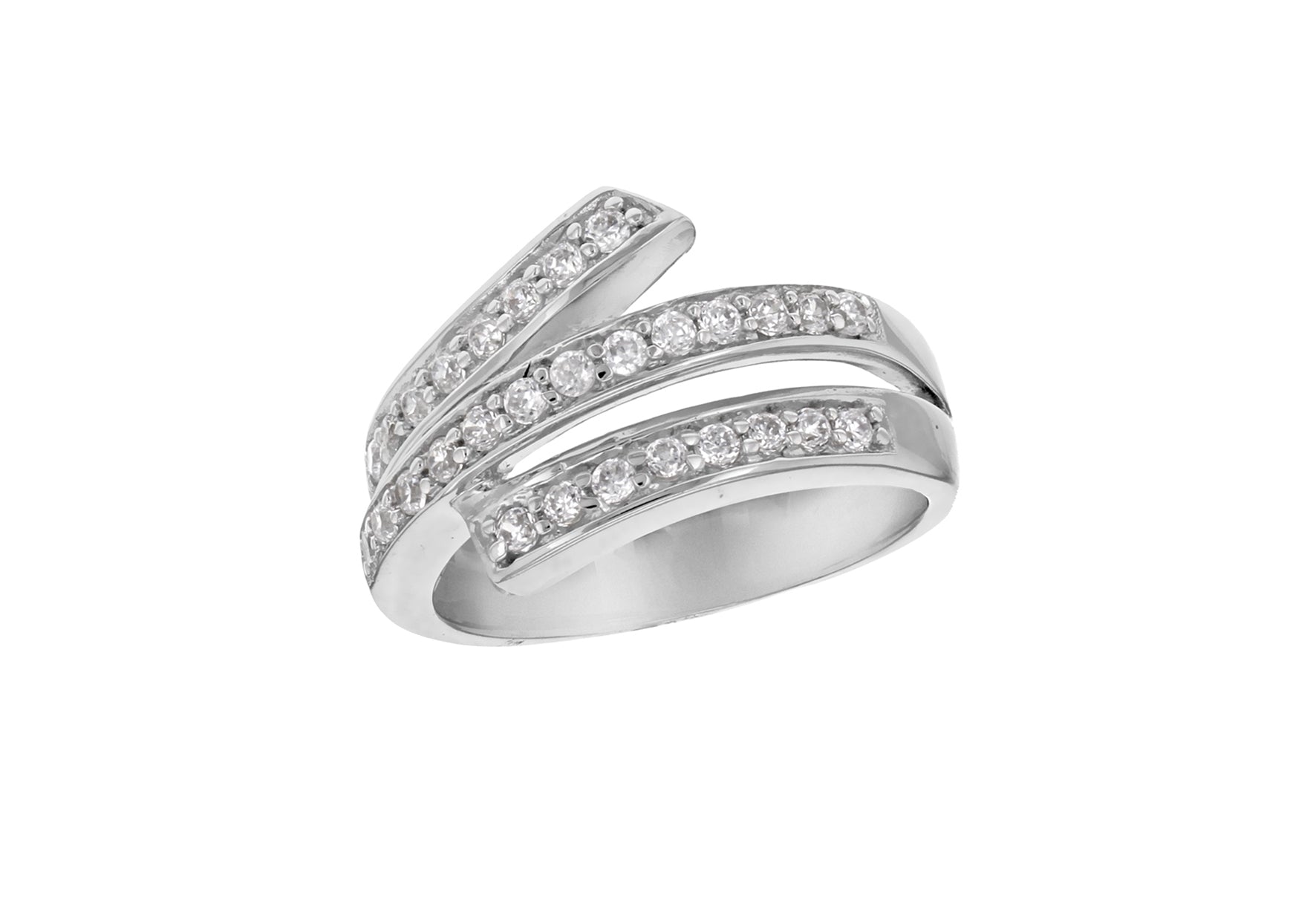 Sterling Silver Tri-Row Zirconia Stone Set Crossover Ring