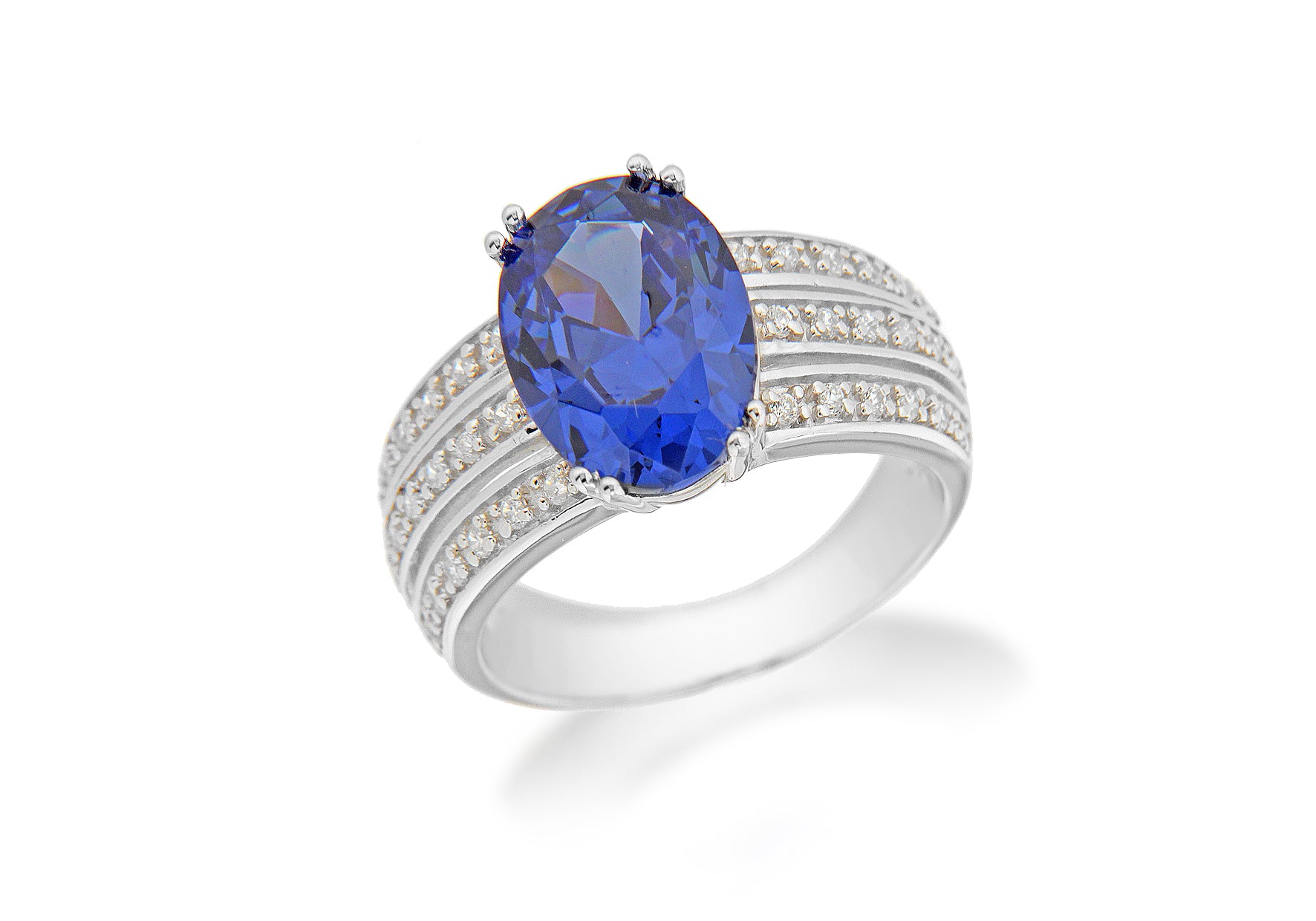 Sterling Silver Rhodium Plated Oval Tanzanite and White Zirconia Ring