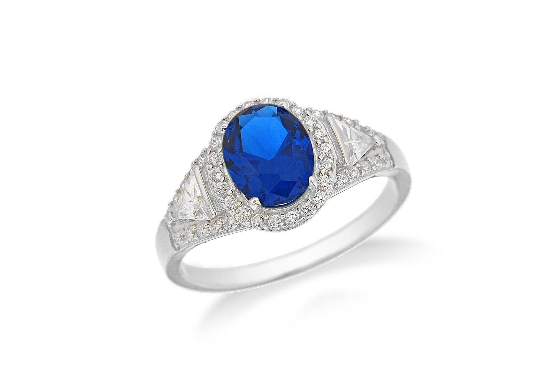 Sterling Silver Rhodium Plated Blue and White Zirconia Oval Cluster Ring