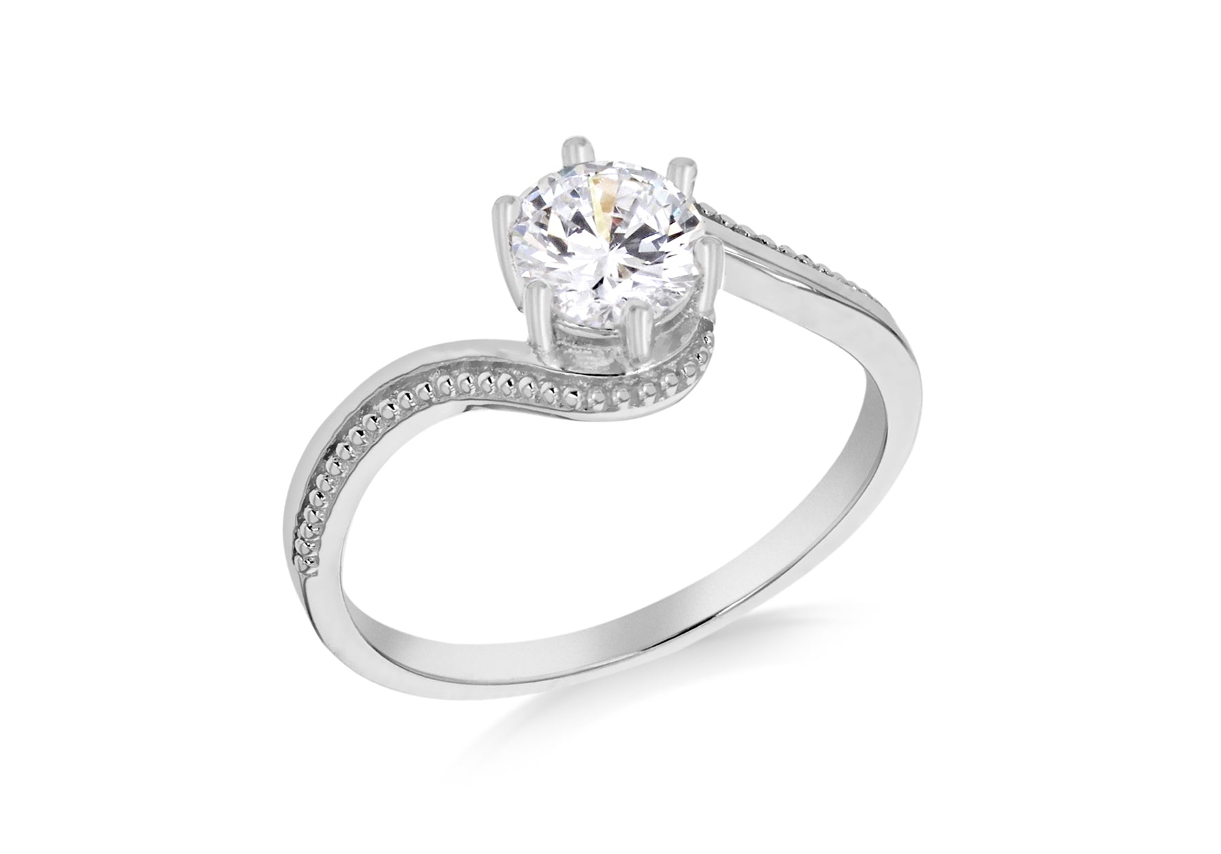 Sterling Silver Rhodium Plated Zirconia Solitaire And Milgrain Ring