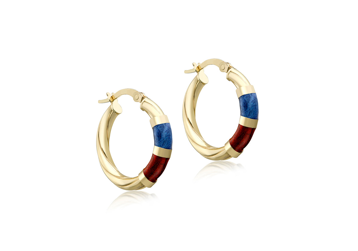 9ct Yellow Gold Blue and Red Enamel Twist Creole Hoop Earrings