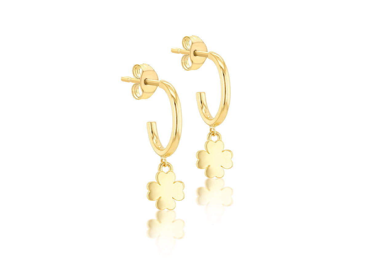 9ct Yellow Gold Clover Drop Half Hoop Earrings