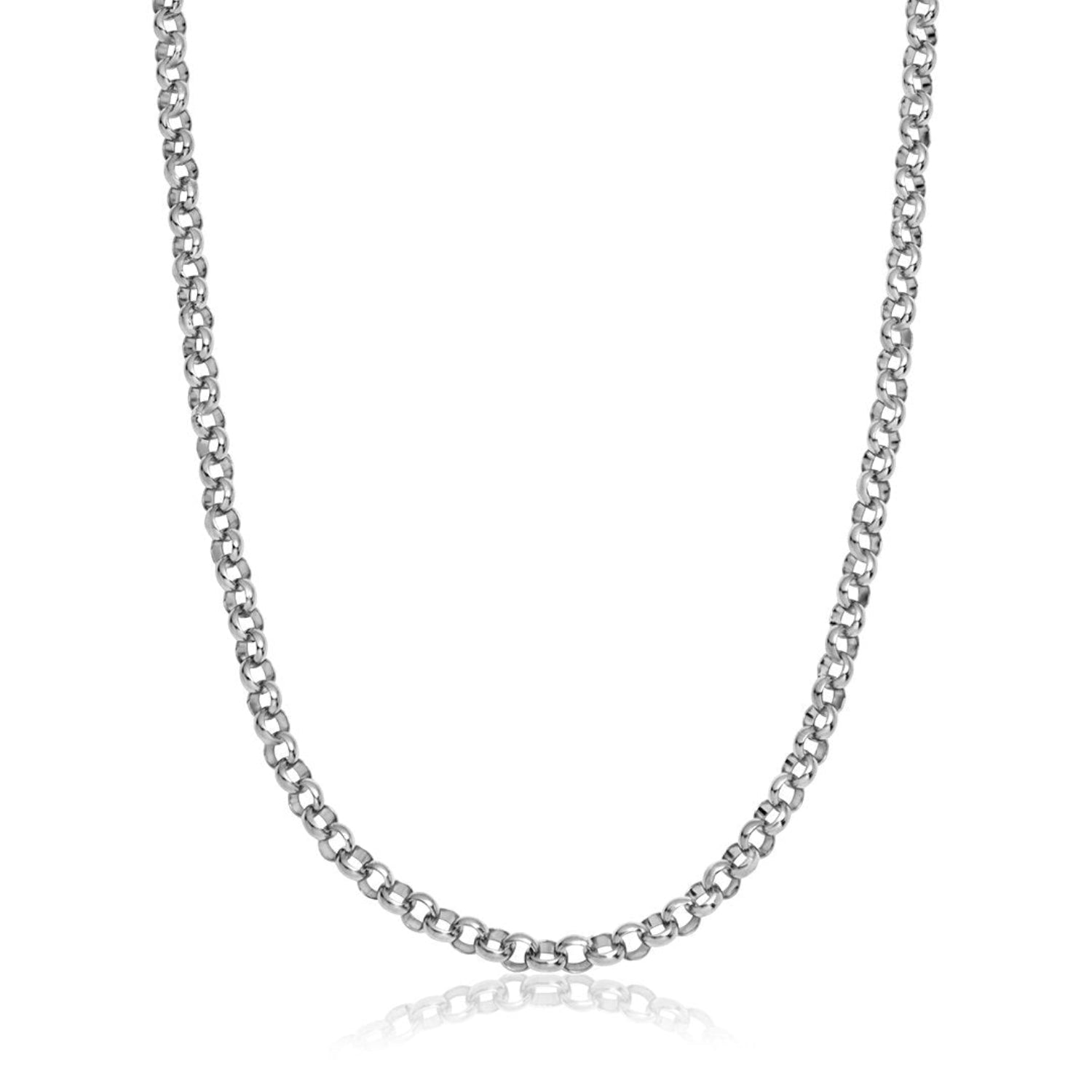 9ct white gold round belcher chain with interlocking links and a secure lobster clasp.