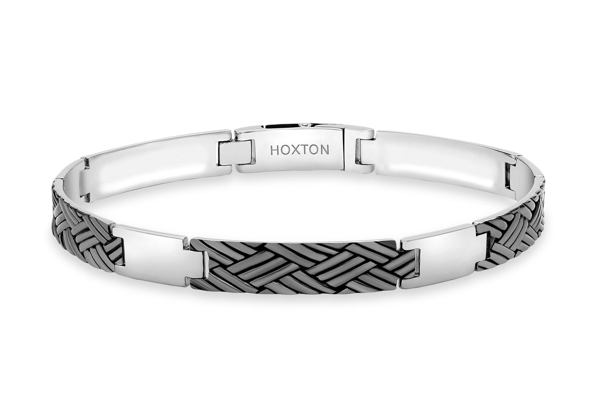 Hoxton London Men's Sterling Silver Bamboo Woven Pattern Bar Oxidised Bracelet