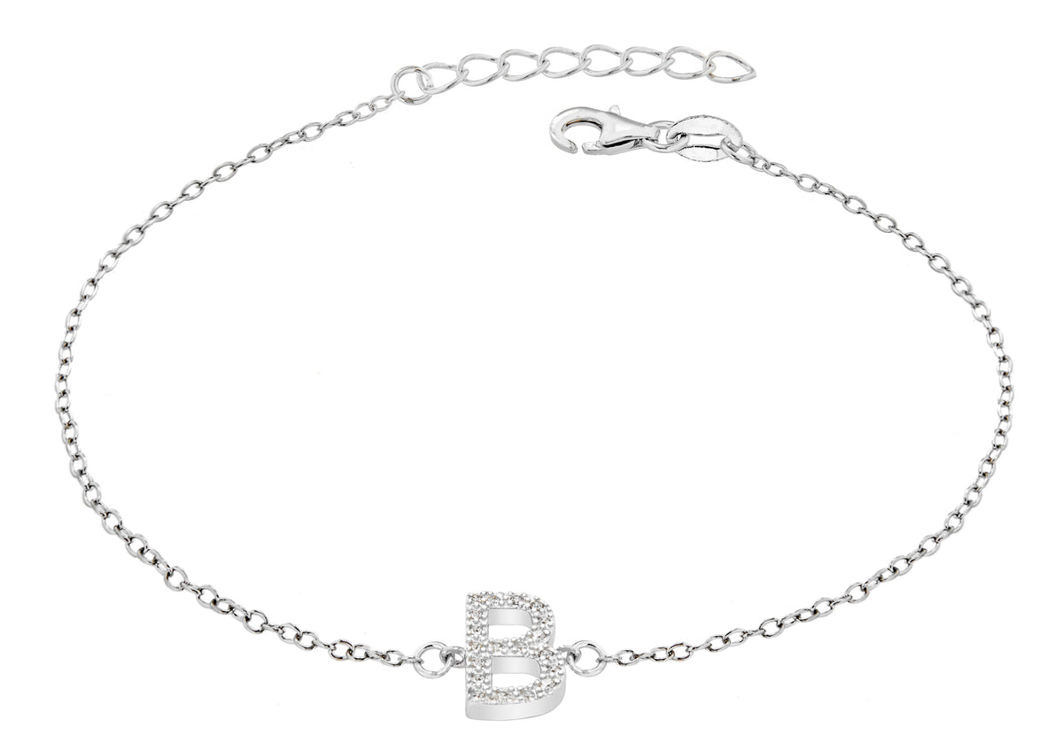 Sterling Silver Rhodium Plated Zirconia 'B' Initial Bracelet 19m/7.5"9