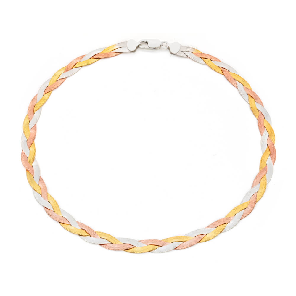 Sterling Silver 3-Tone Gold Plated 3-Plait Herringbone Necklace