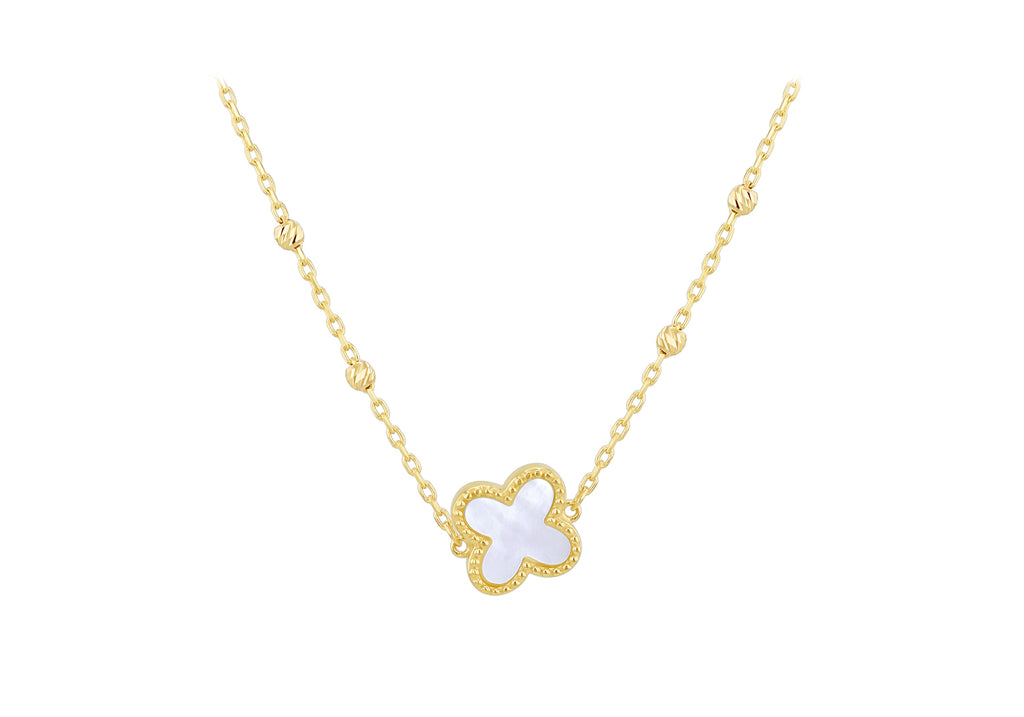 9ct Yellow Gold Mother Of Pearl Clover Ball Chain Necklace