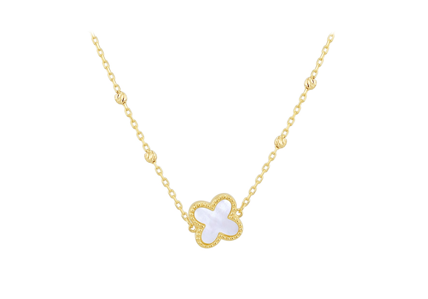 9ct Yellow Gold Mother Of Pearl Clover Ball Chain Necklace