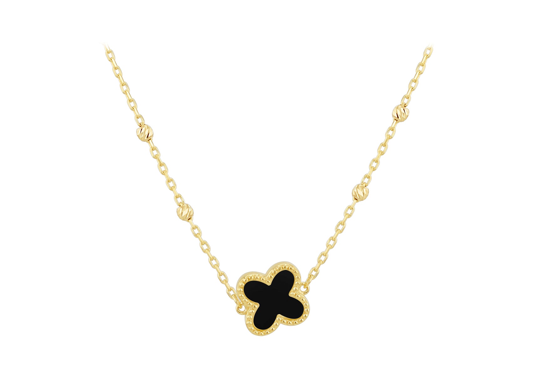 9ct Yellow Gold Black Onyx Clover Ball Chain Necklace