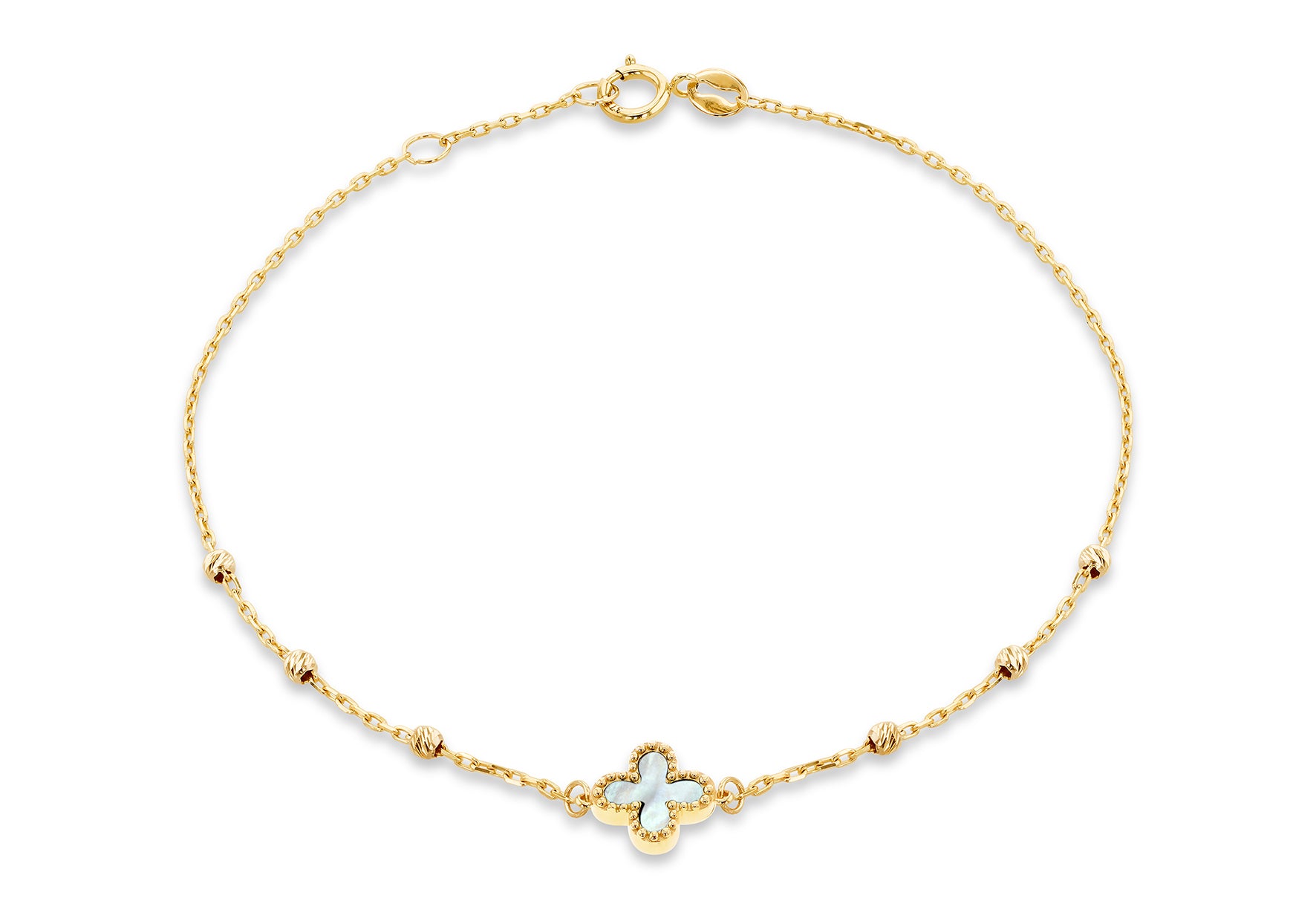 9ct Yellow Gold Mother Of Pearl Clover Ball Bracelet