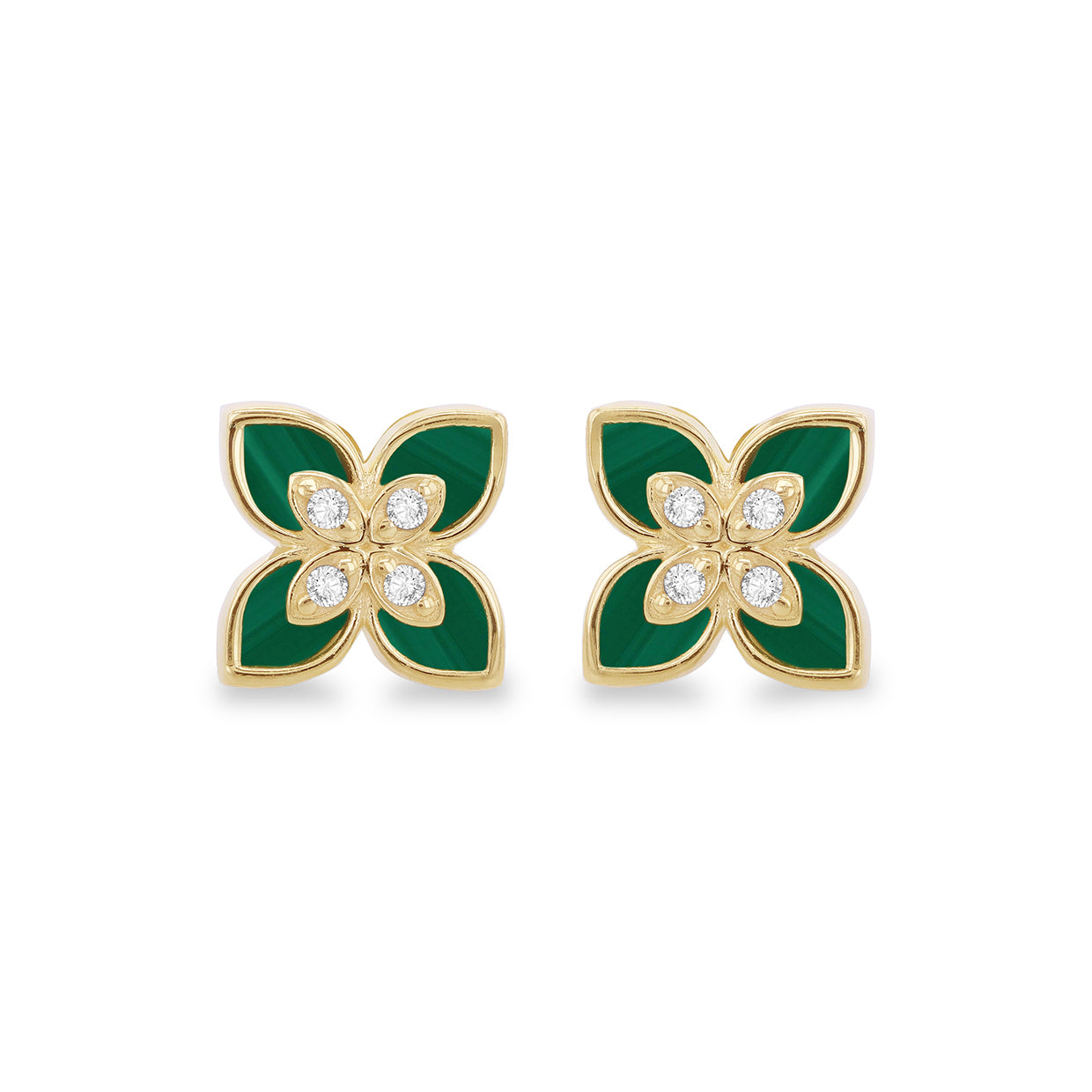 9ct Yellow Gold Malachite & Zirconia Flower Stud Earrings