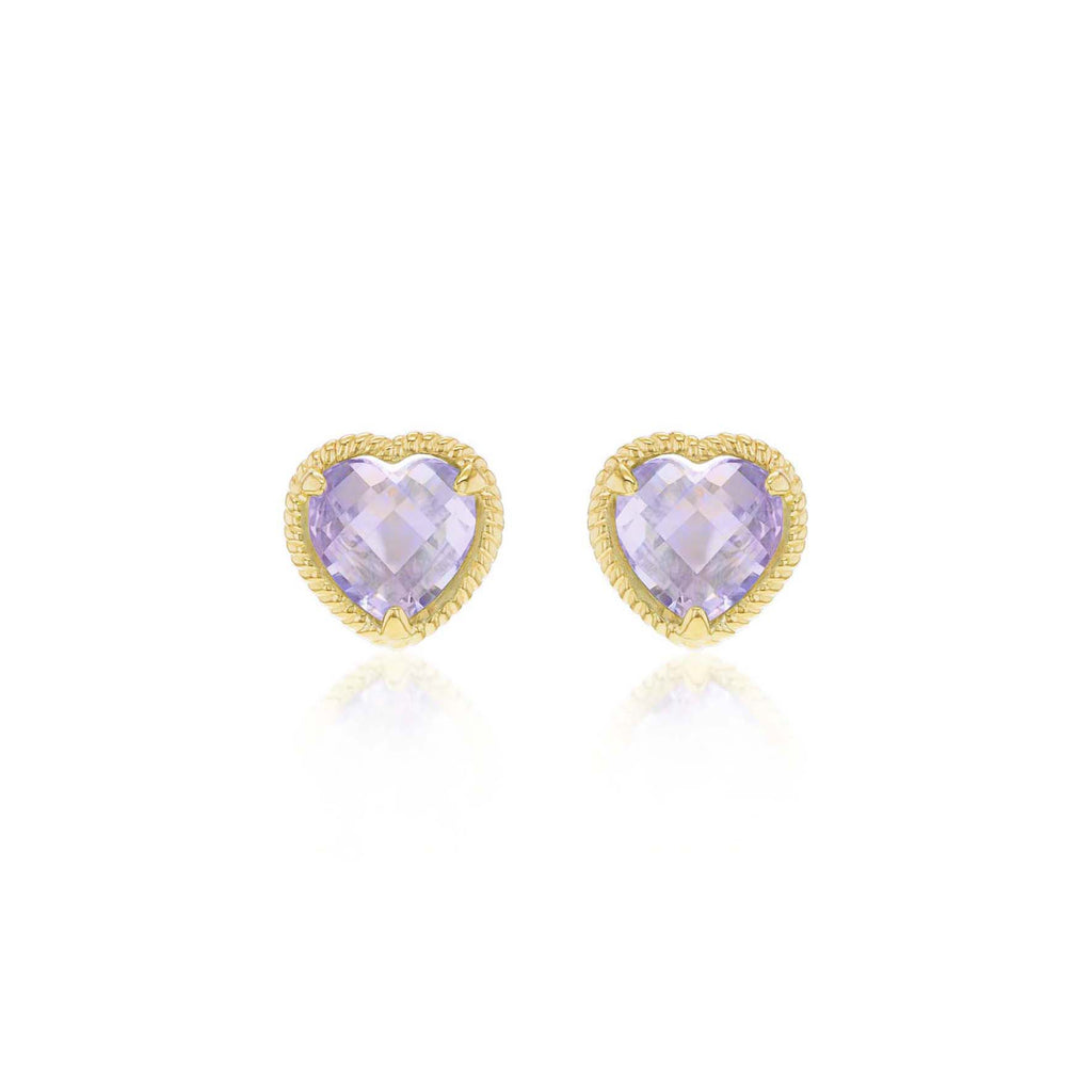 9ct Yellow Gold Amethyst Heart Stud Earrings