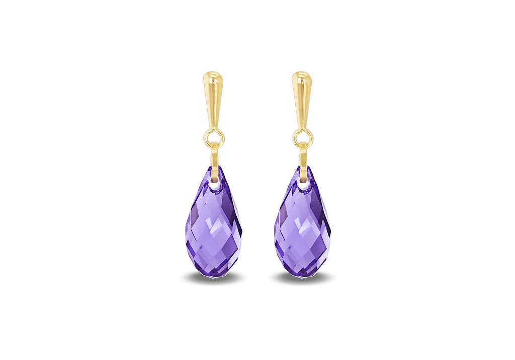 9ct Yellow Gold Purple Swarovski Crystal Drop Earrings