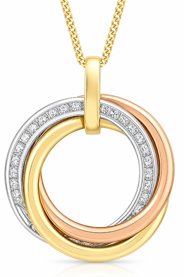 A three-tone circular pendant necklace featuring interlocking gold, rose gold, and silver rings, with a pavé diamond accent on the silver ring and a gold chain, shown on a white background.