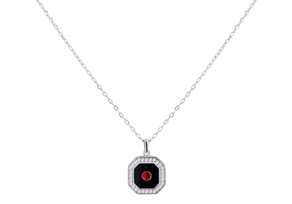 9ct White Gold Ruby and 0.28ct Diamond Black Octagon Necklace