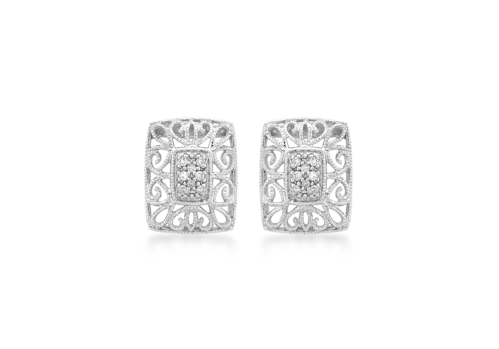 9ct White Gold 0.10ct Diamond Filigree Openwork Stud Earrings