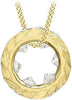 A gold pendant necklace featuring a textured circular ring with clear faceted crystal accents, suspended from a gold curb chain against a white background.
