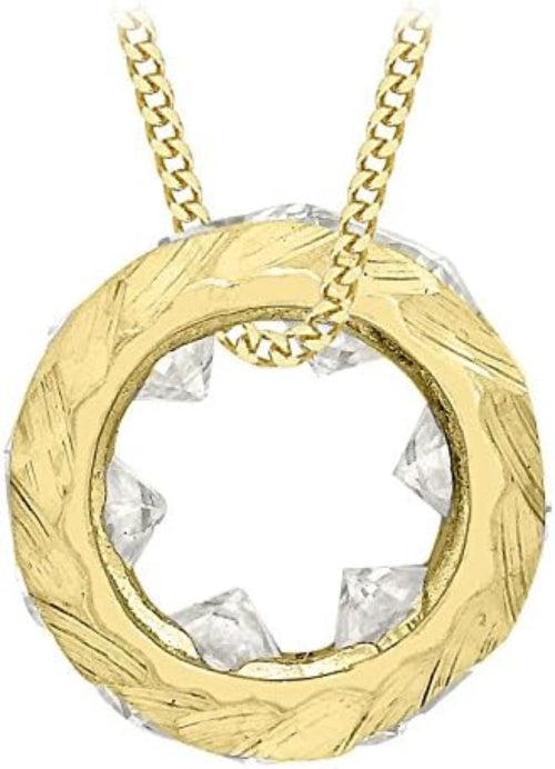 A gold pendant necklace featuring a textured circular ring with clear faceted crystal accents, suspended from a gold curb chain against a white background.