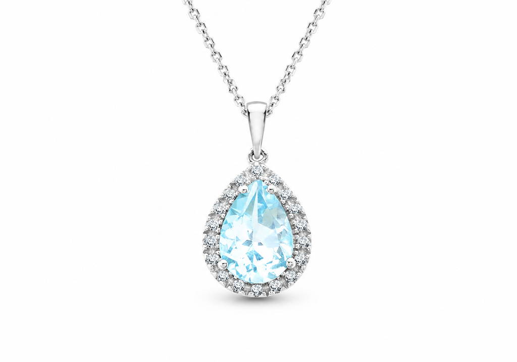 9ct White Gold 0.13ct Diamond & Teardrop Blue Topaz Pendant