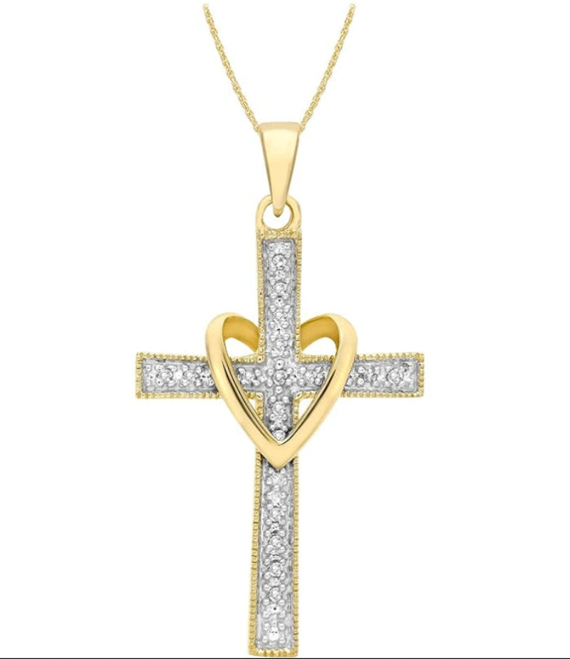 9ct Yellow Gold 0.05ct Diamond Pavé Heart Cross Pendant