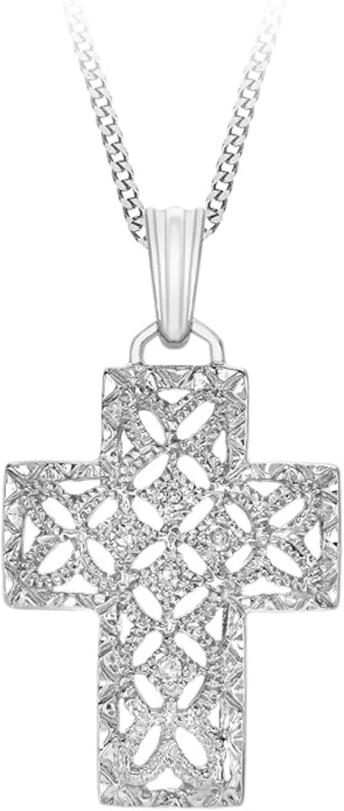 9ct White Gold 0.04ct Diamond Geometric Lattice Filigree Cross Pendant