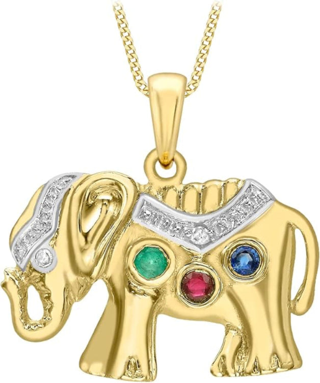 9ct Yellow Gold 0.01ct Sapphire, Emerald, Ruby & Diamond Elephant Pendant