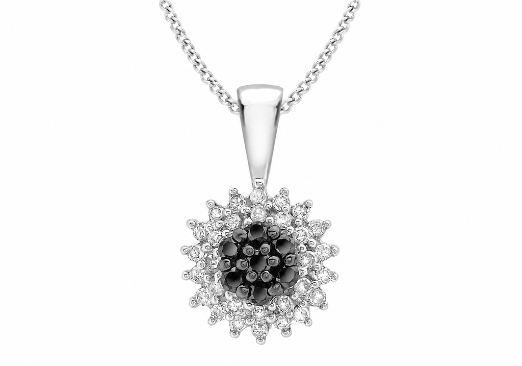 9ct White Gold 0.25ct Black & White Diamond Rosette Cluster Pendant