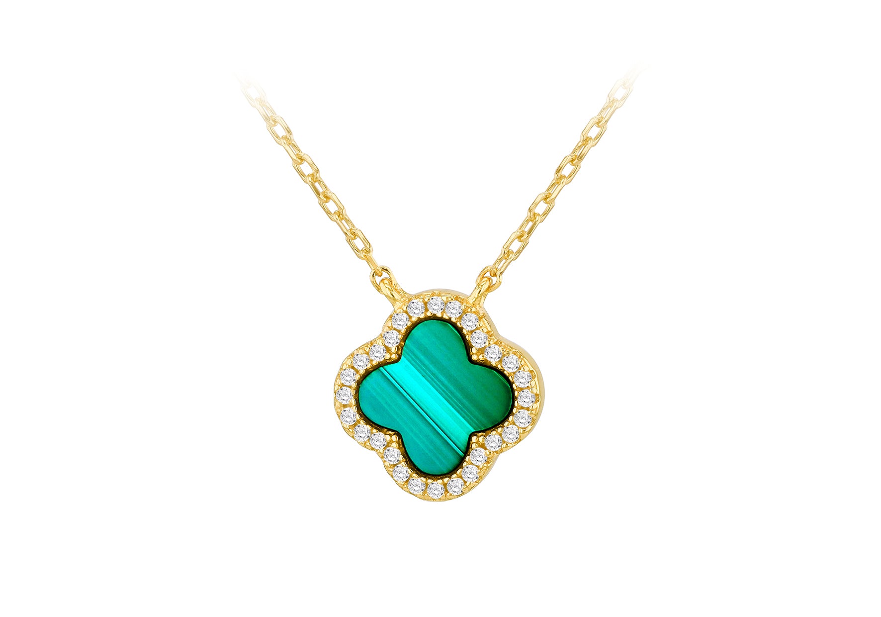Gold Plated Sterling Silver Clover Malachite Zirconia Pendant