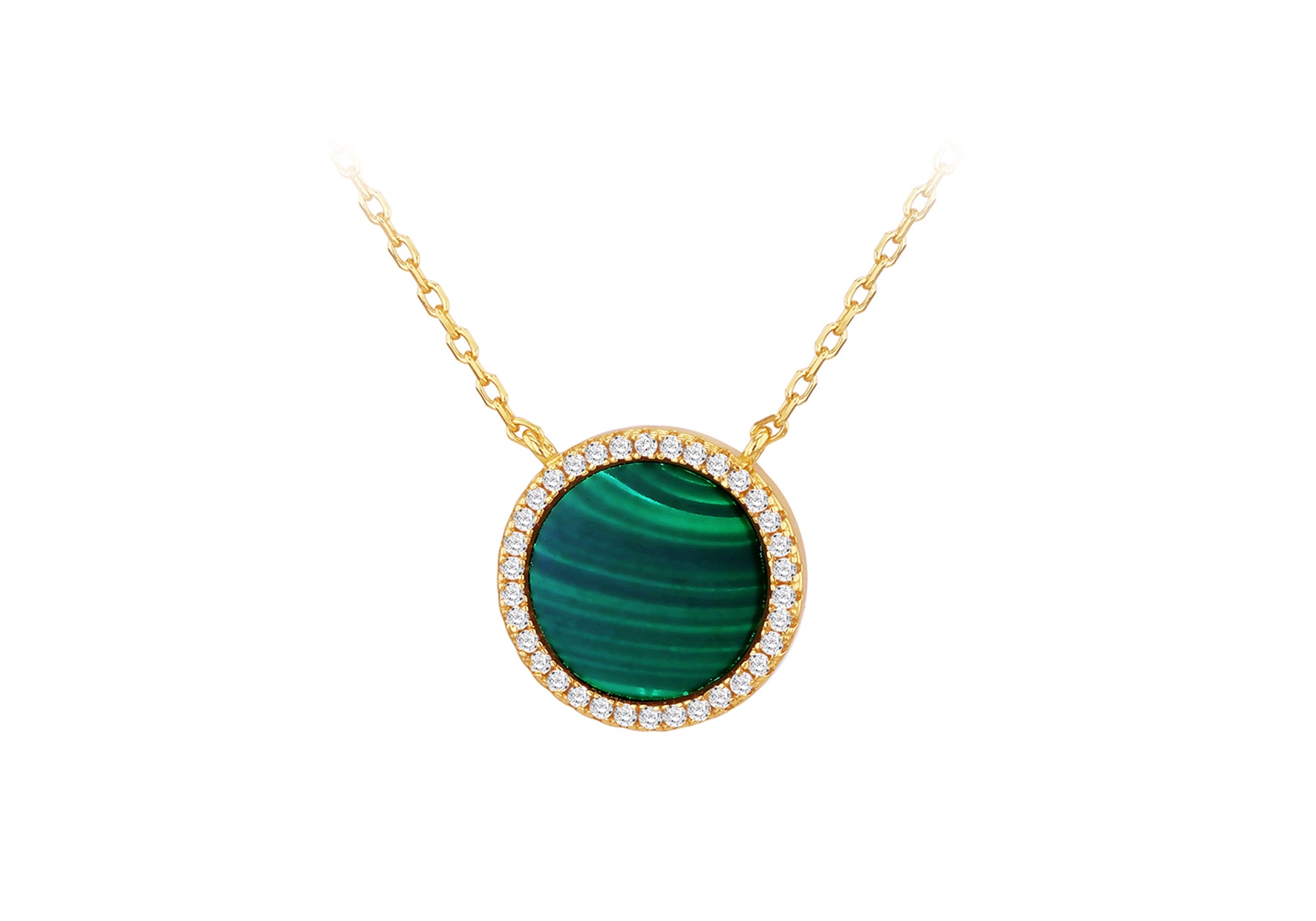 Yellow Gold Plated Sterling Silver Round Malachite Zirconia Pendant