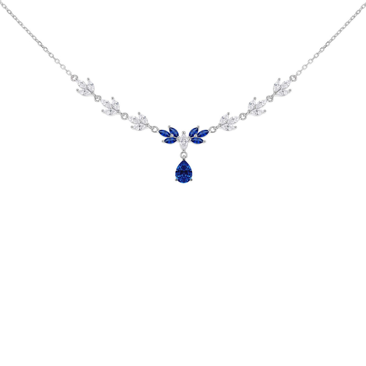 Sterling Silver Rhodium-Plated Cobalt Marquise Garland Zirconia Necklace