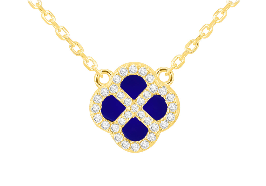 Yellow Gold Plated Sterling Silver Blue Lazurite & Zirconia Clover Pendant