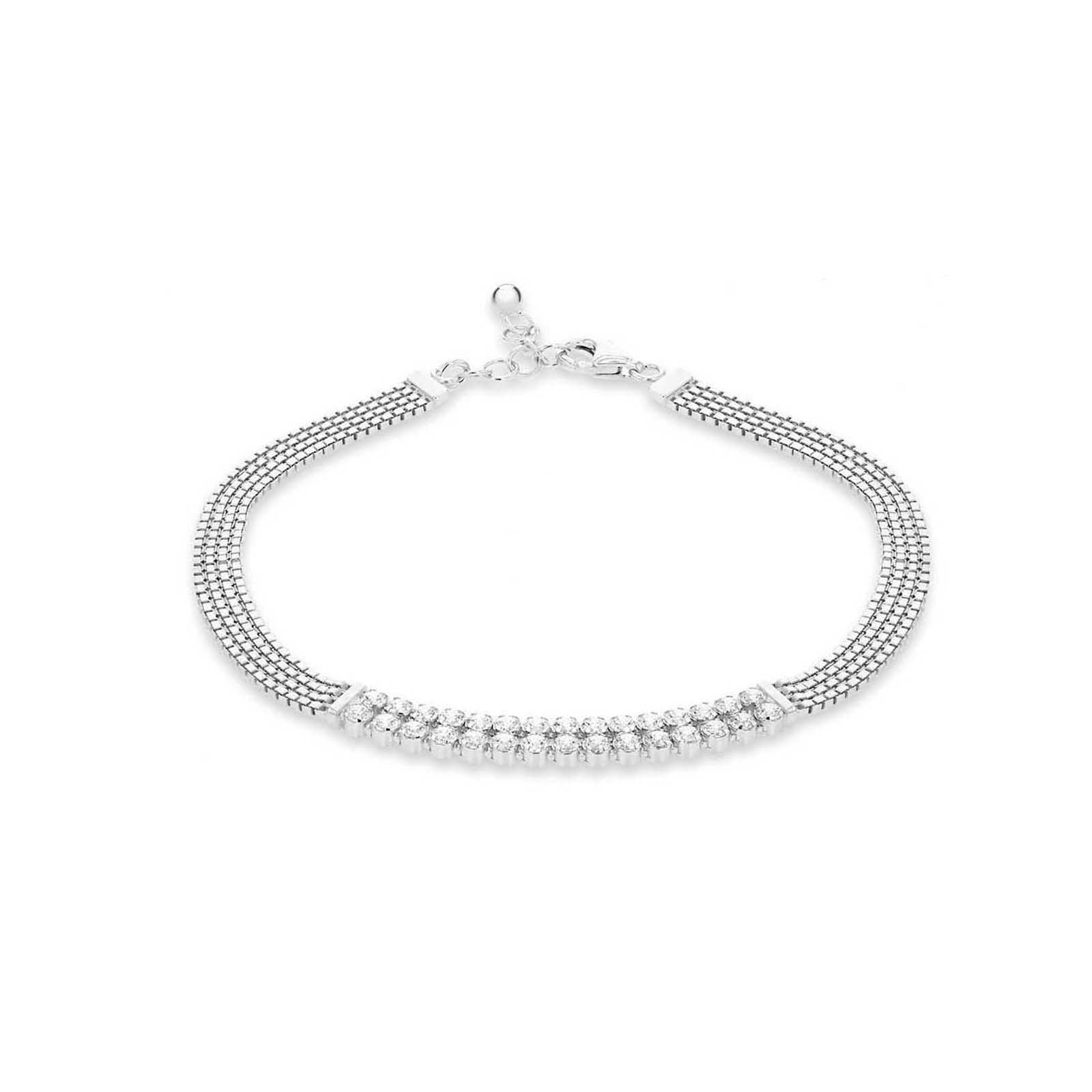 Sterling Silver Rhodium-Plated Zirconia Box Chain Adjustable Bracelet