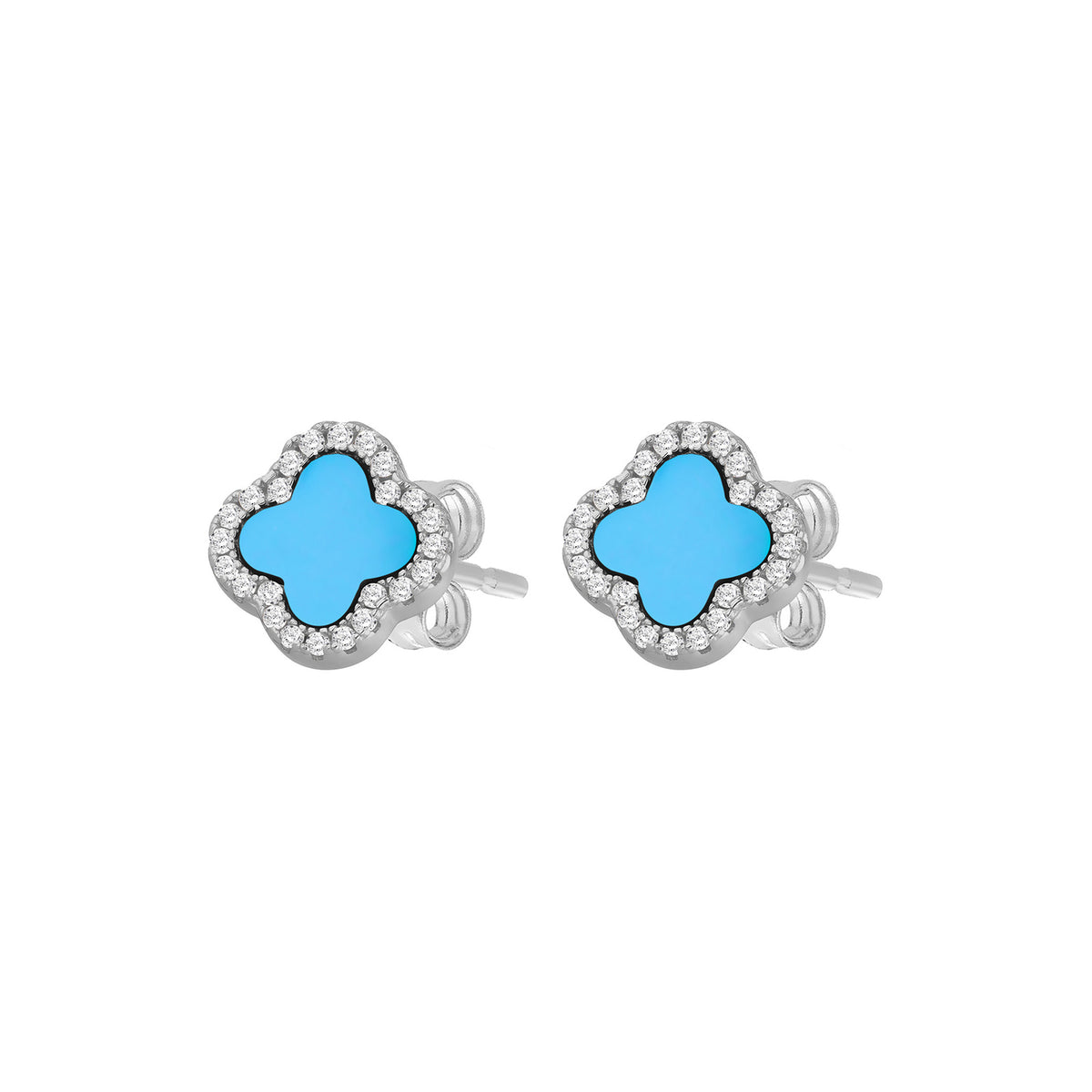 Sterling Silver Turquoise & White Zirconia Clover Stud Earrings