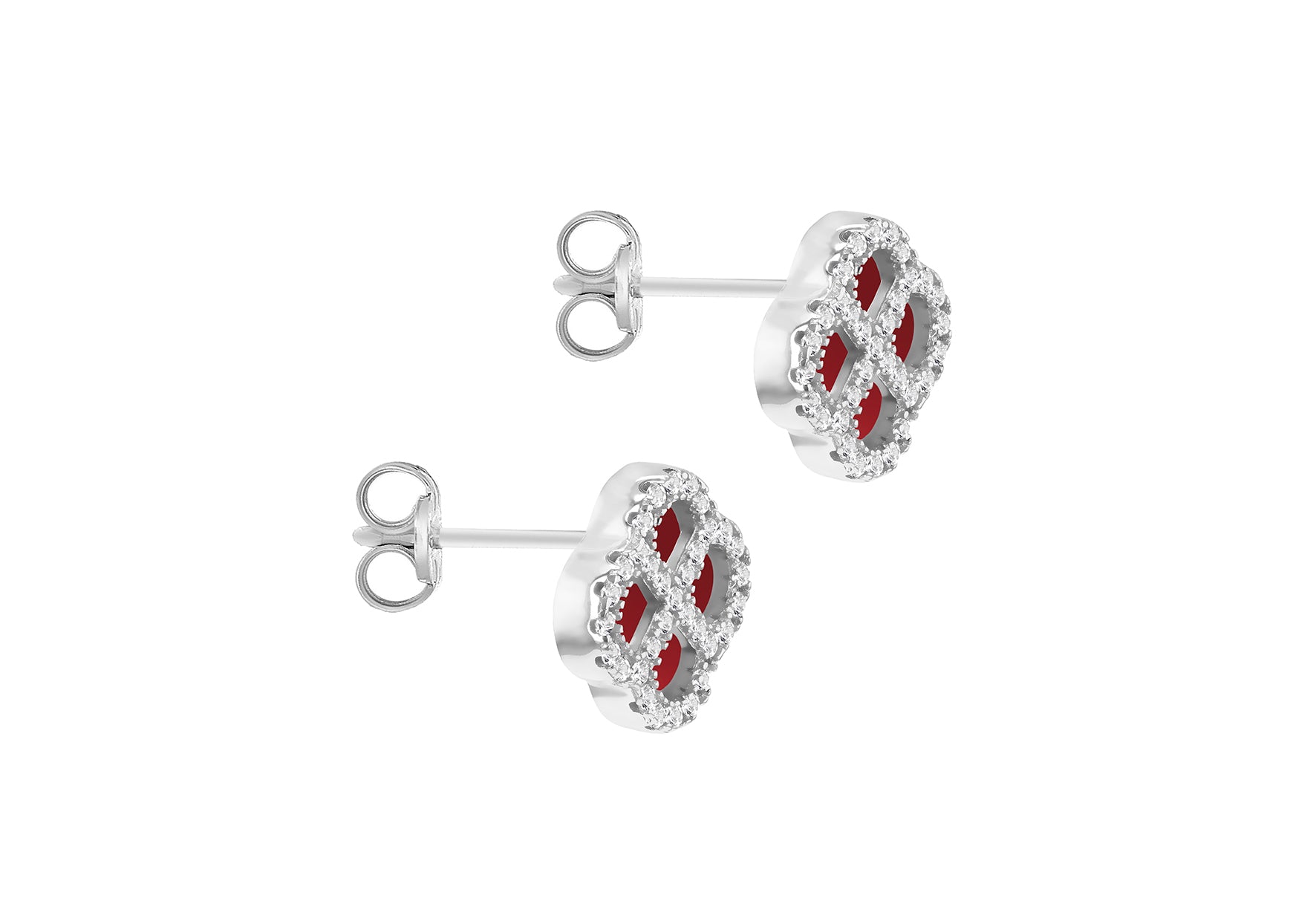 Sterling Silver Red Agate & White Zirconia Clover Stud Earrings