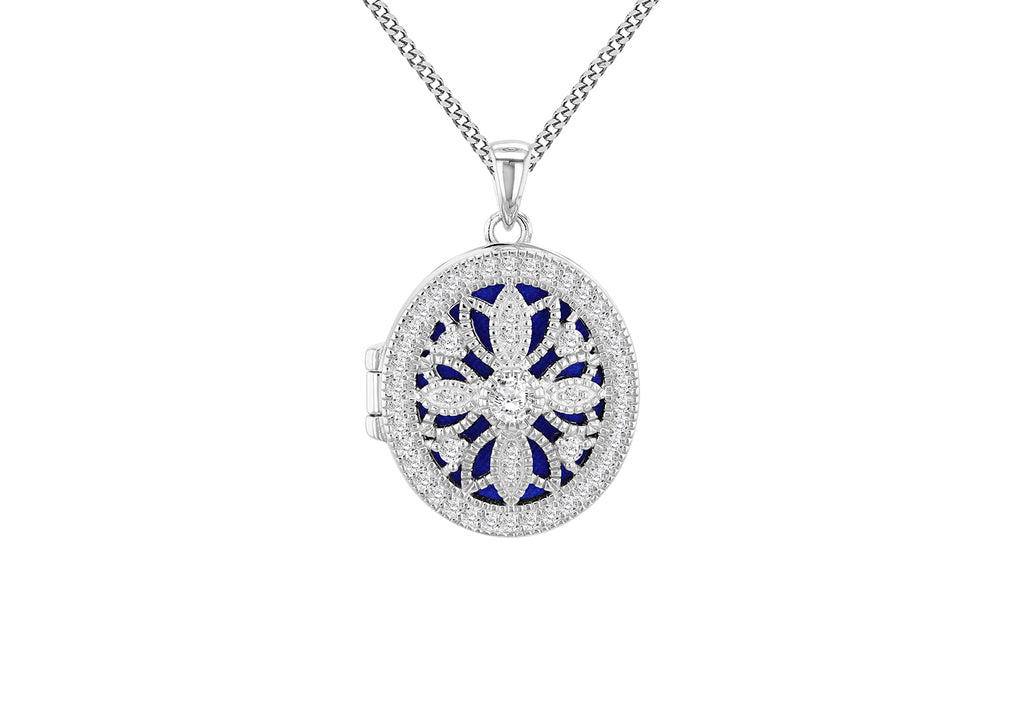 Sterling Silver Filigree Oval Zirconia Locket Pendant