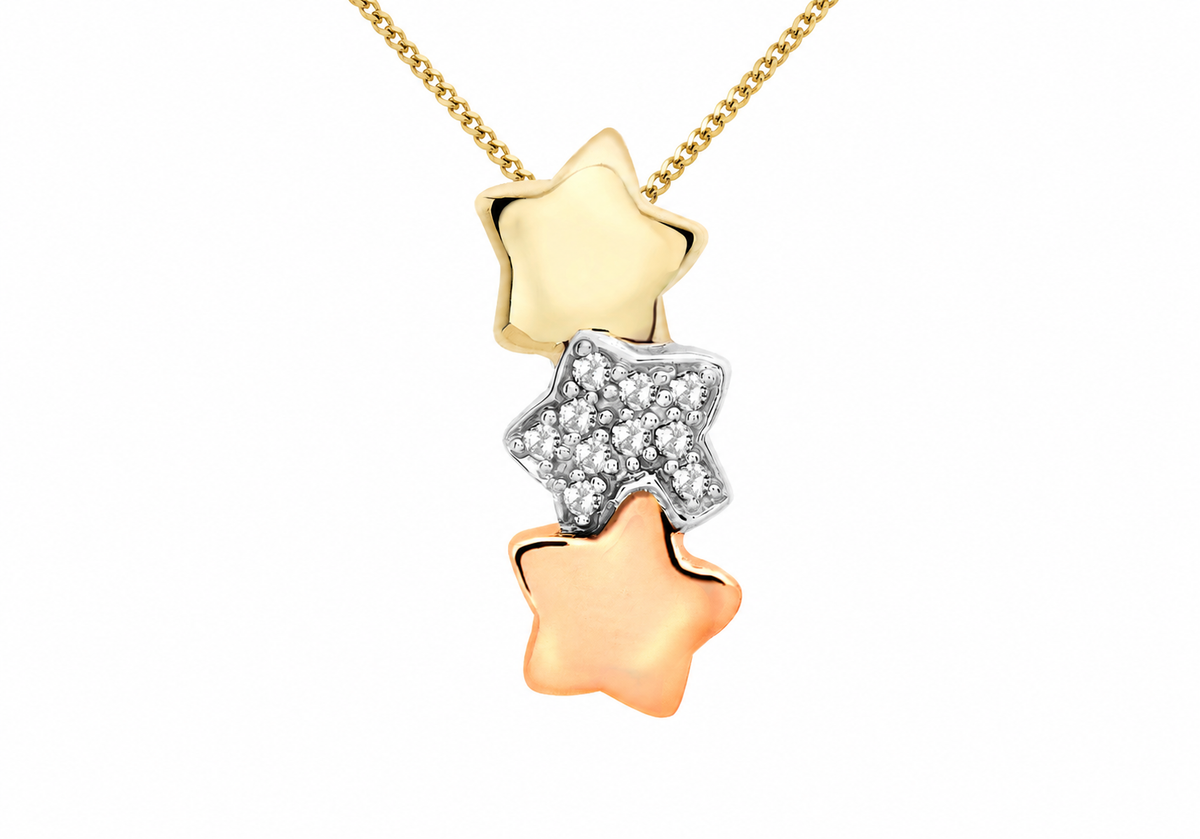 9ct 3-Tone Gold 0.10ct Diamond Triple Star Slider Pendant