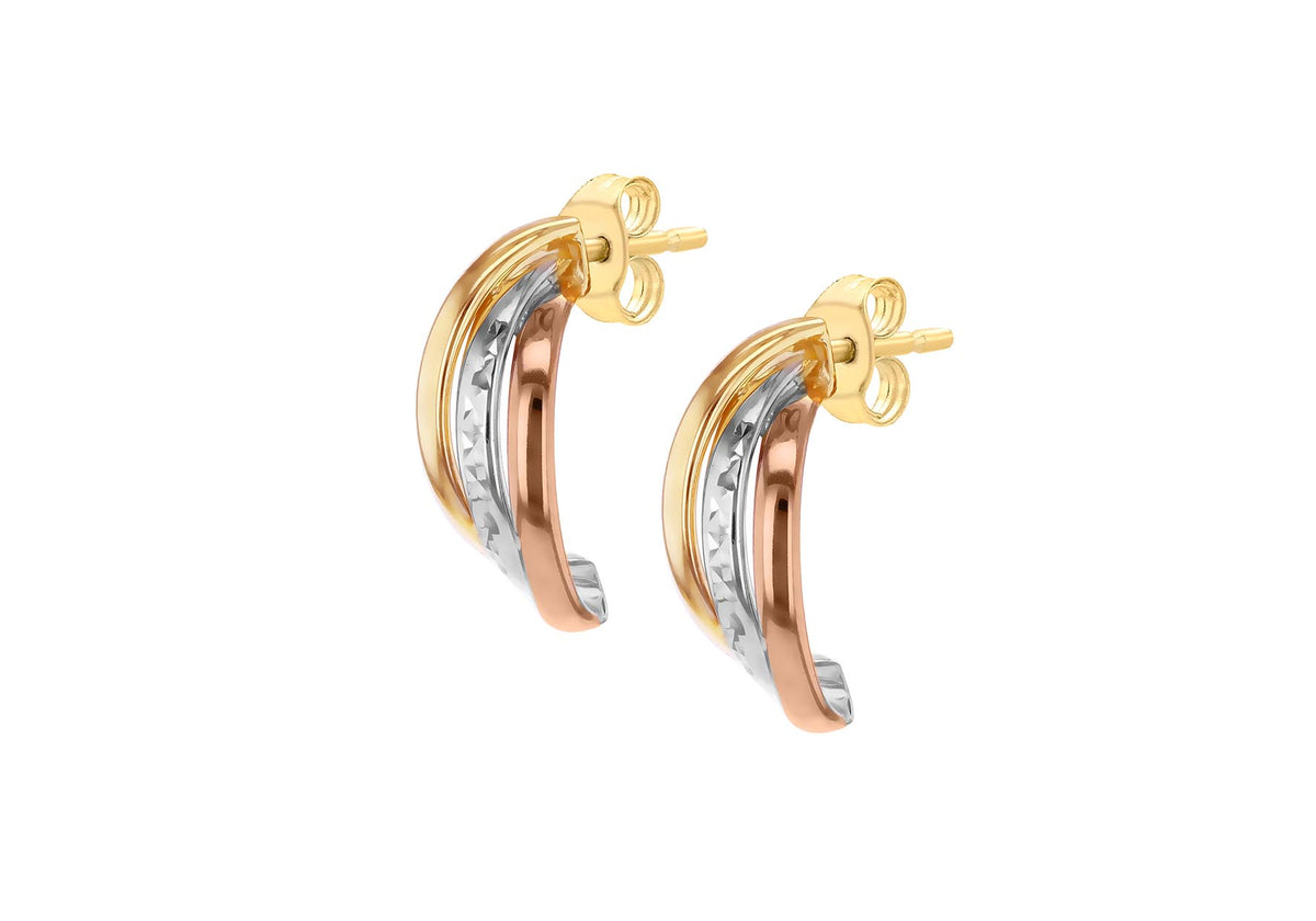 A pair of gold hoop earrings with dual curved bands, one in yellow gold, one in rose gold, and one in silver with a pavé diamond inlay, shown on a plain white background.