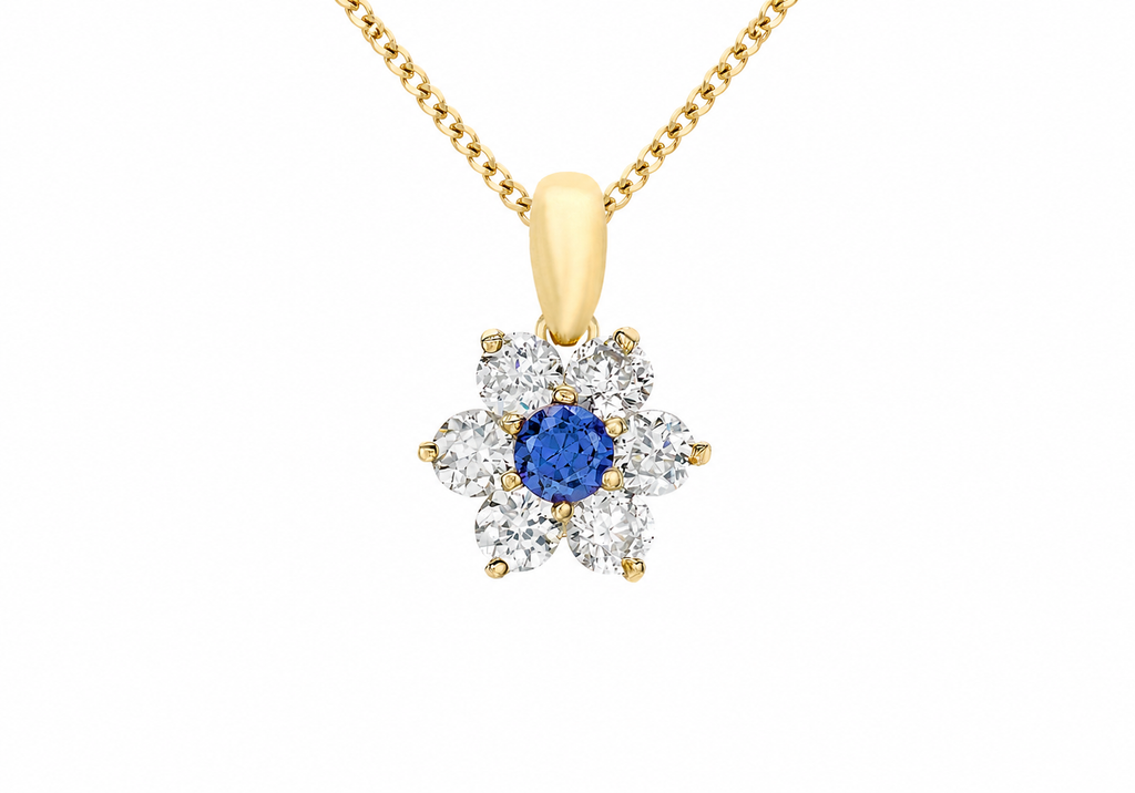 9ct Gold Blue and White Zirconia Daisy Cluster Pendant Necklace