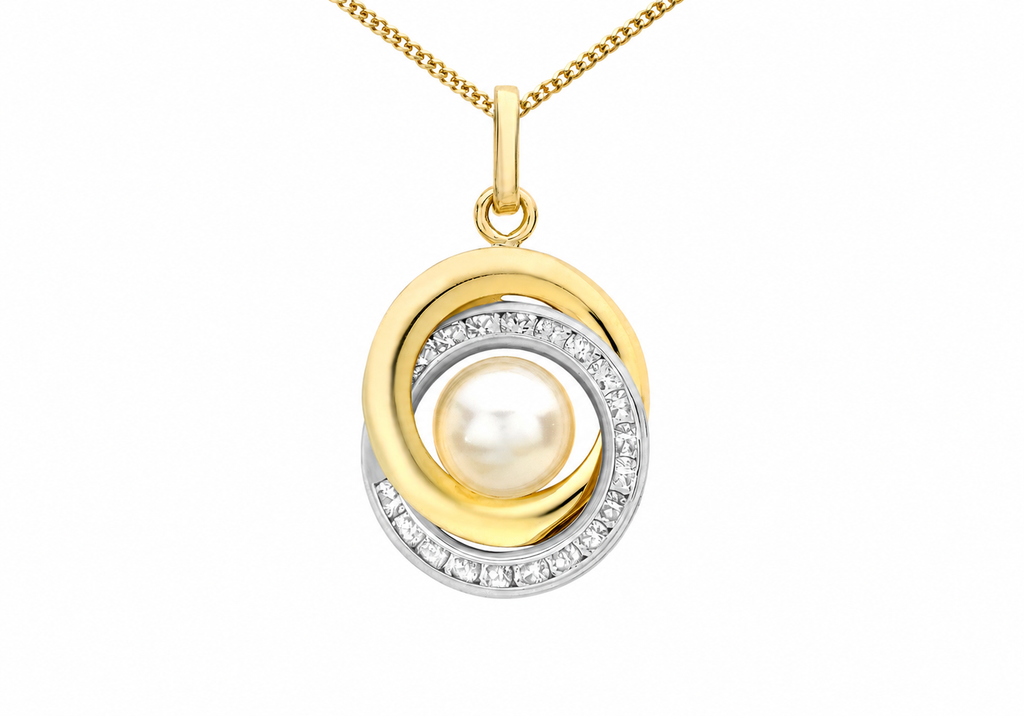 9ct Two-Tone Gold Freshwater Pearl & Zirconia Interlocking Ring Pendant Necklace