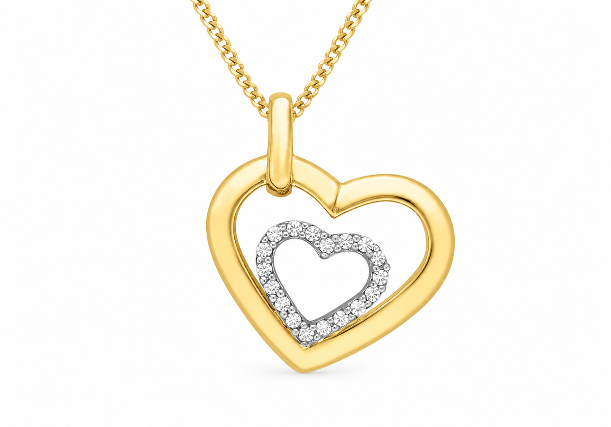 9ct Two-Tone Gold Small Zirconia Heart and Polished Heart Pendant