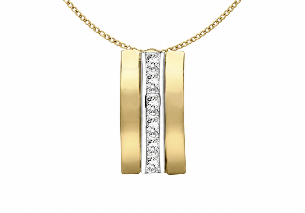 A yellow gold pendant necklace featuring two vertical bars with a central channel of small clear stones, shown on a white background.