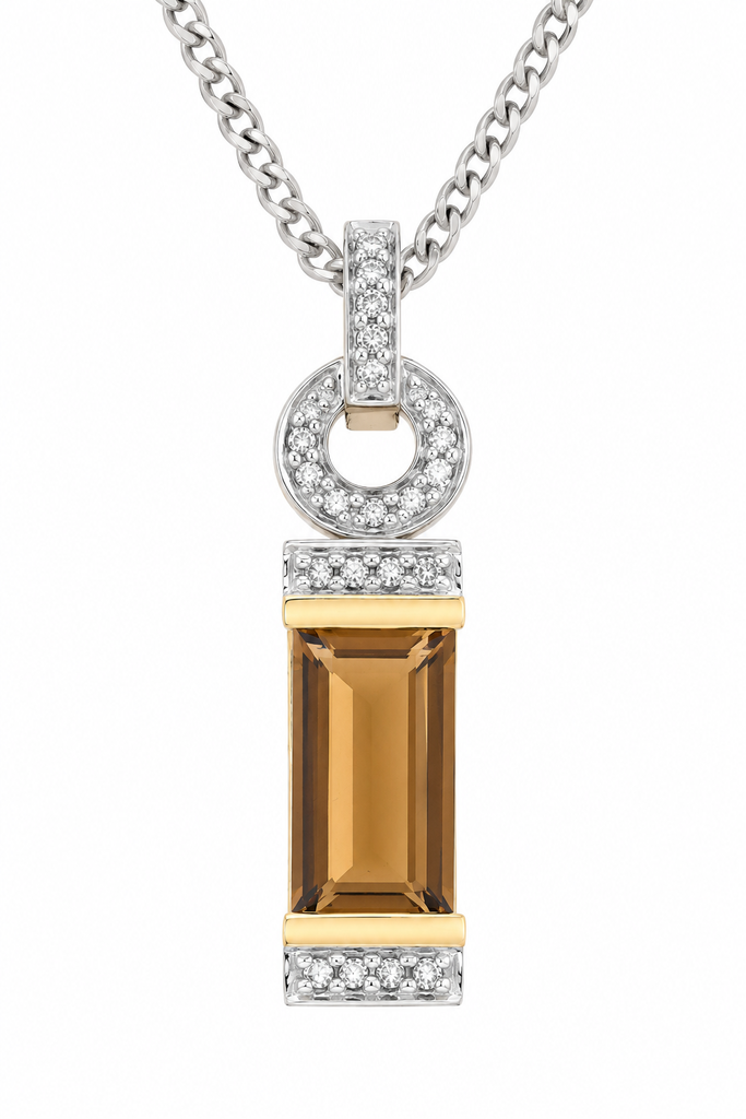 9ct White Gold 0.10ct Diamond & Baguette Smokey Quartz Pendant