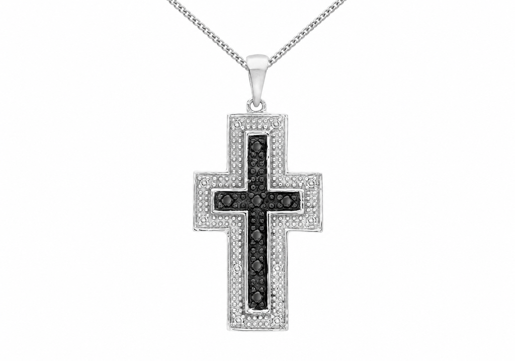 9ct White Gold 0.15ct Black & White Diamond Cross Pendant