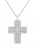 A silver cross pendant necklace paved with clear round stones, hanging from a silver box chain against a plain white background.